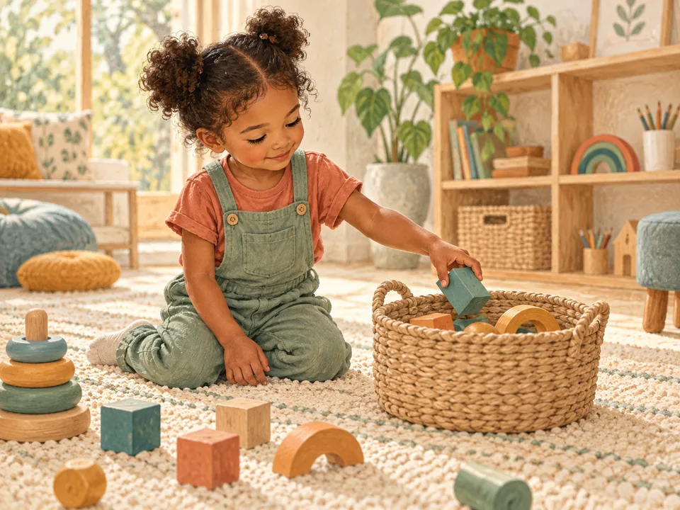 Ilustração de uma criança guardando um bloco de madeira em um cesto de brinquedos