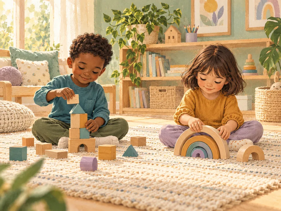 Ilustração de duas crianças brincando lado a lado no tapete, cada uma com seus brinquedos